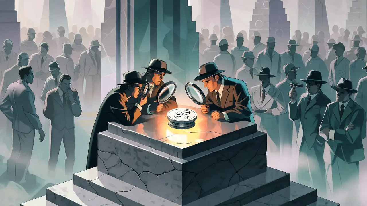 Loyal community members inspecting a glowing token while casual speculators fade away.