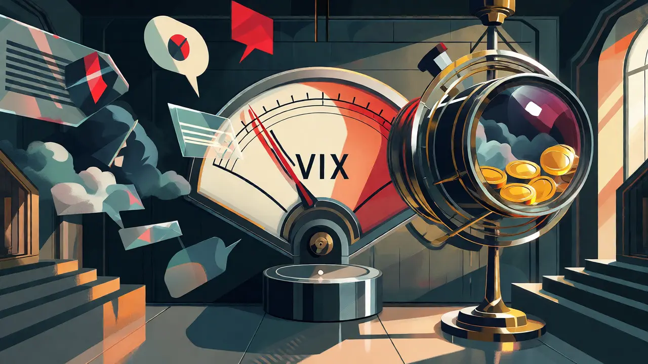 Mechanical gauges filter market fear into value using Art Deco imagery.