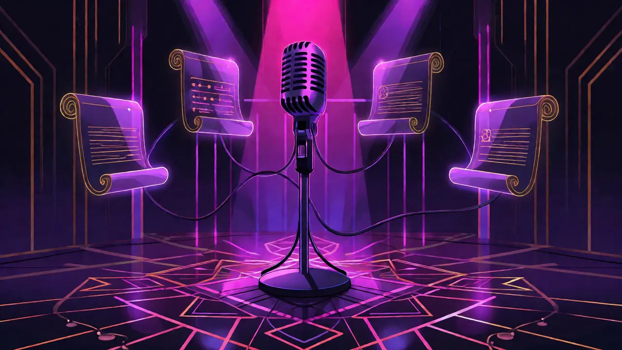 Music microphone transforming into blockchain nodes in Art Deco style