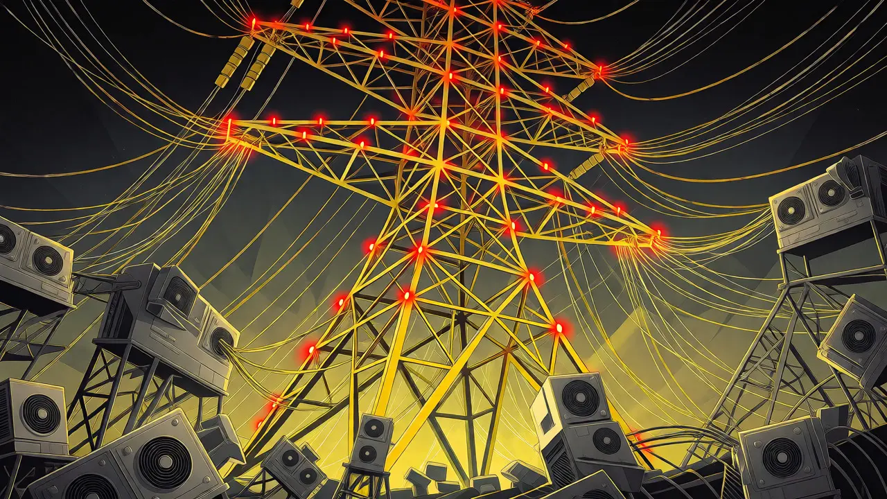 Overloaded electrical grid powering AC units and mining rigs in Art Deco style.