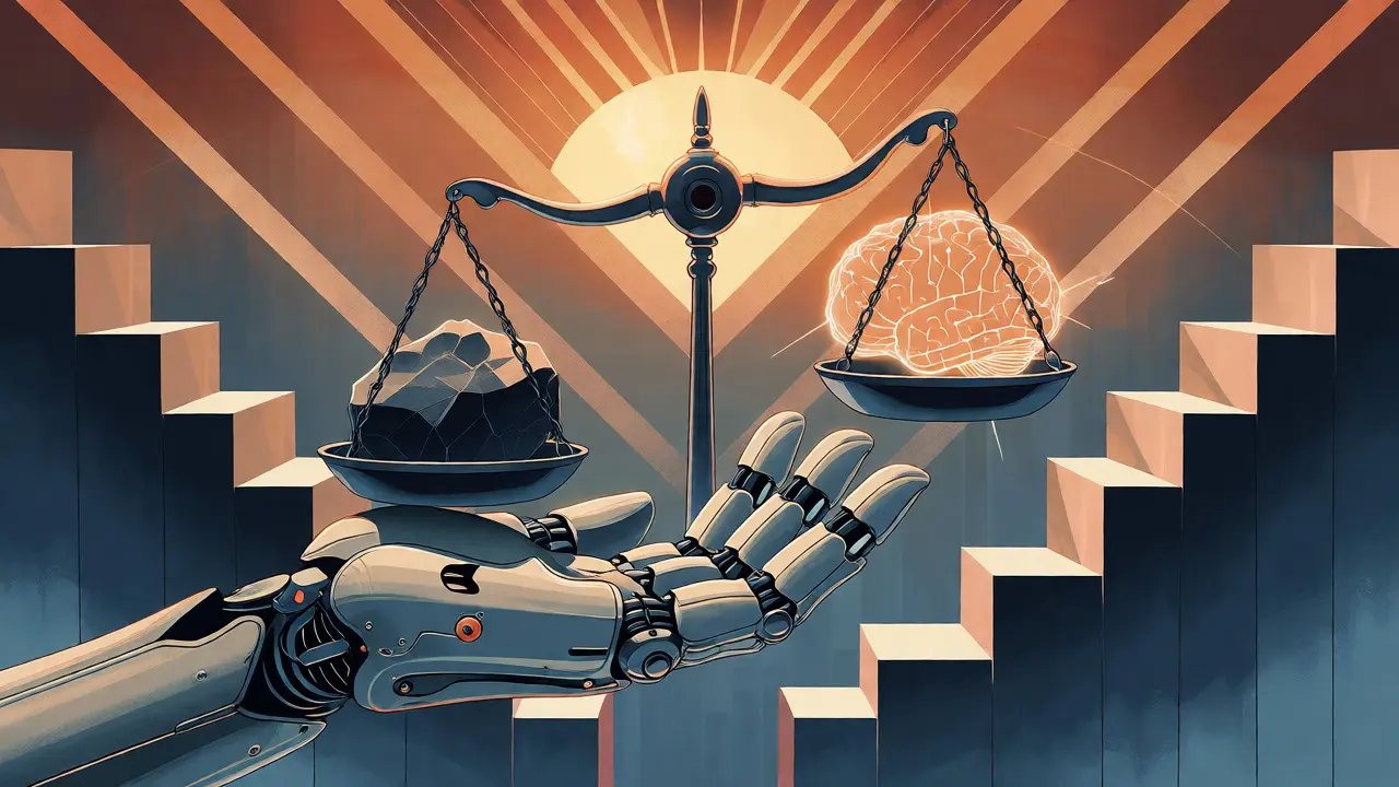 Robotic hand balances human bias and AI context in an Art Deco scene.
