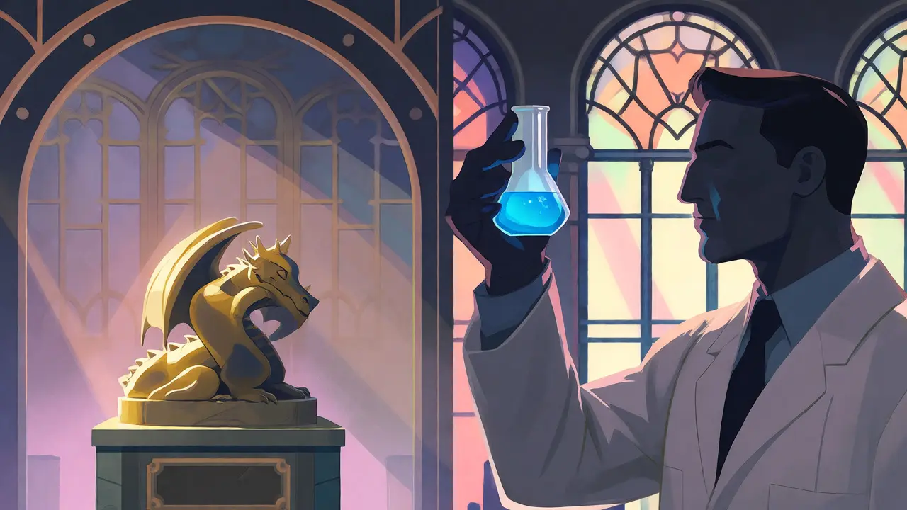 Small dragon statue beside a scientist holding a glowing vial in an Art Deco lab