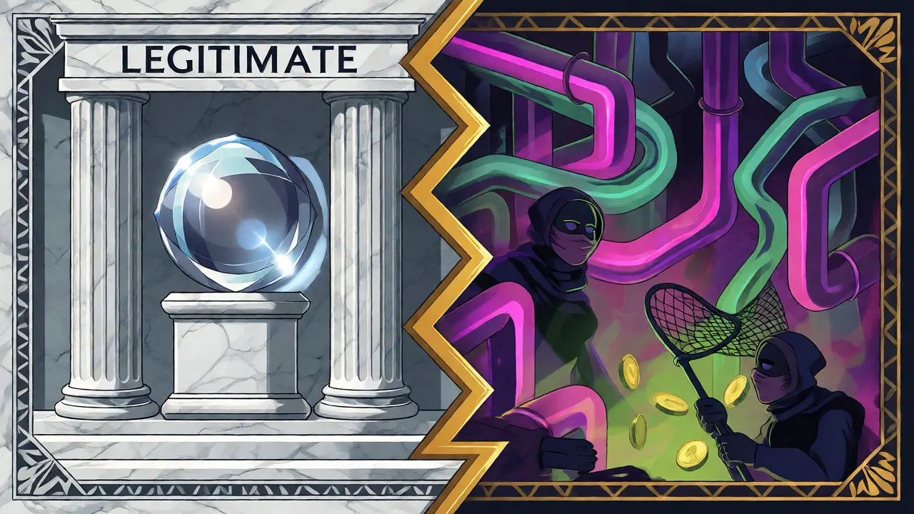 Split Art Deco scene comparing secure crypto interfaces with phishing traps.