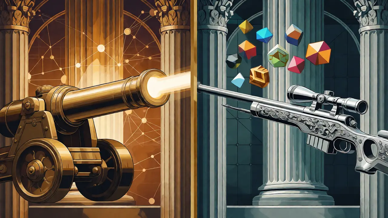 Split screen showing a brass cannon and a silver sniper rifle representing two crypto forensics tools.
