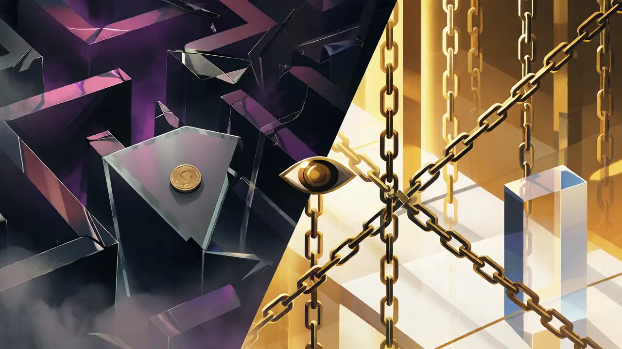 Split view contrasting a dark maze with a bright golden chain structure