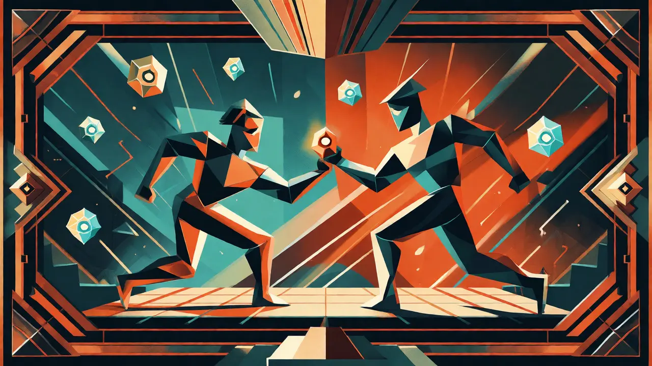 Stylized Art Deco illustration of two figures playing a geometric matching game in a neon arena.