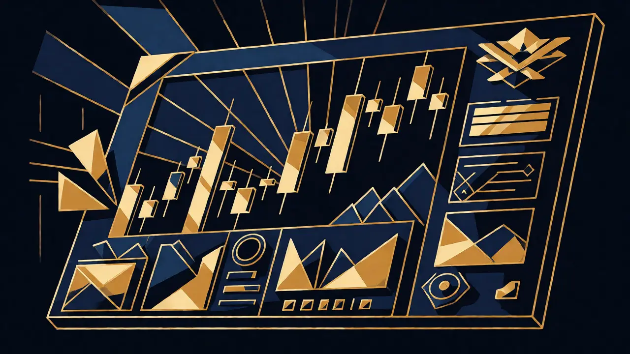 Stylized Art Deco trading dashboard with geometric charts and abstract financial elements.