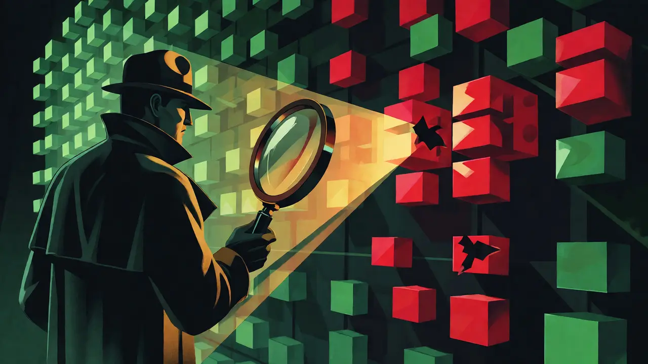 Stylized detective analyzing glowing data blocks for security anomalies