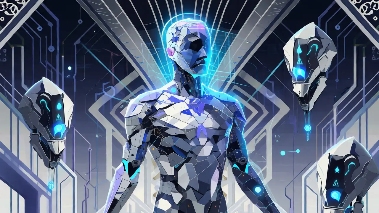 Stylized digital avatar being scanned by AI agents in a neon-lit Art Deco virtual environment.