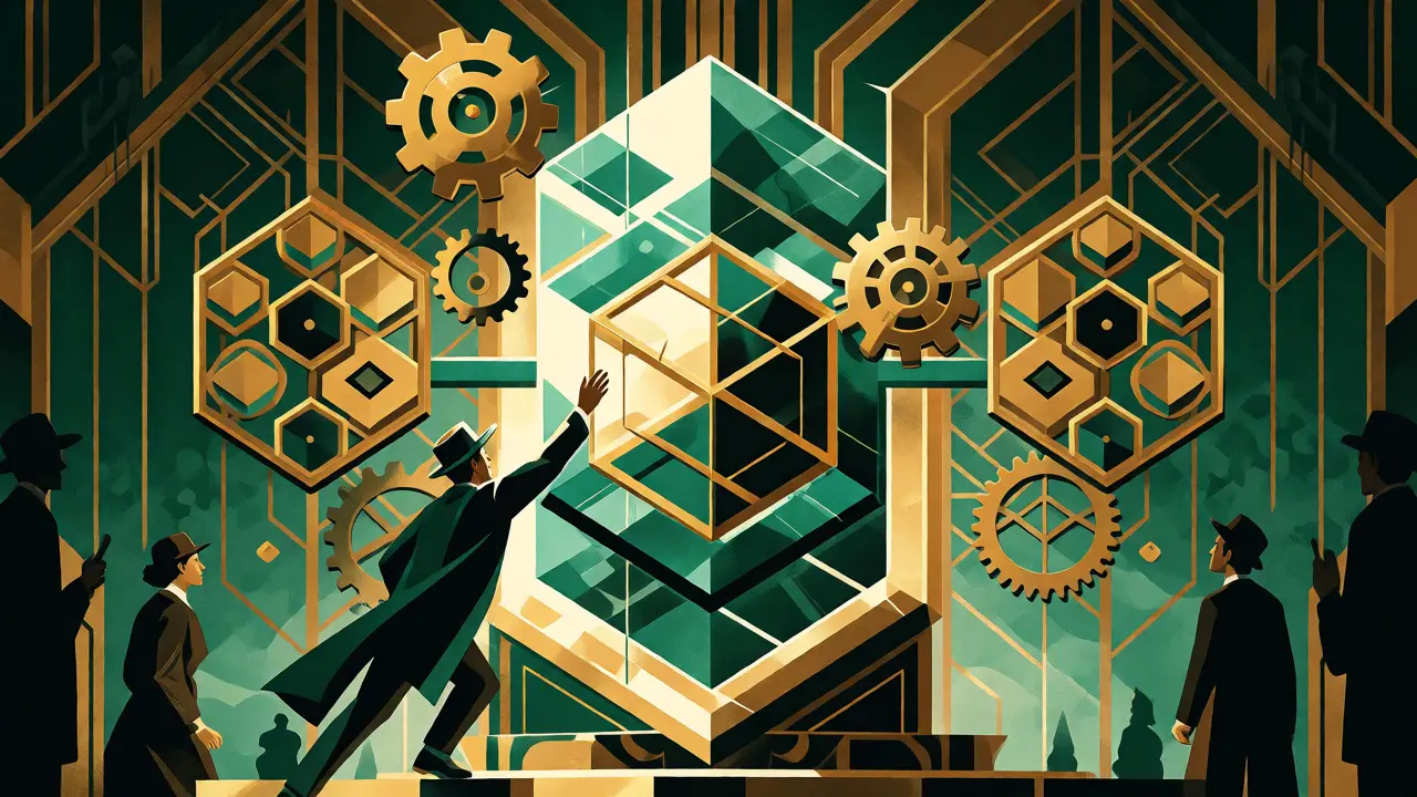 Stylized figure interacting with geometric DeFi structures in an Art Deco setting.