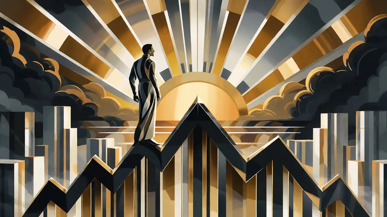 Stylized figure standing on a rising chart against a geometric sunrise