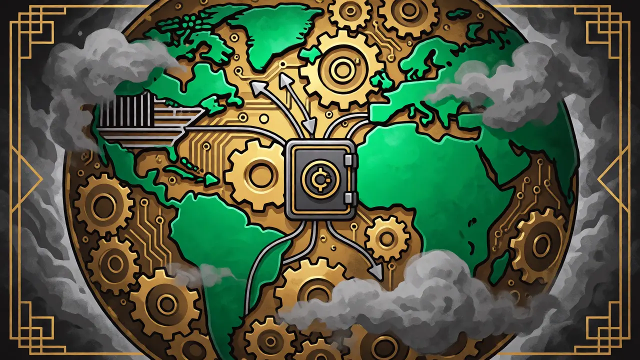 Stylized globe with golden gears and restricted zones, illustrating Blade Exchange's regional availability.