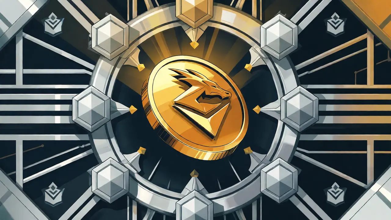 Stylized golden dragon coin surrounded by abstract blockchain nodes and NFT shapes