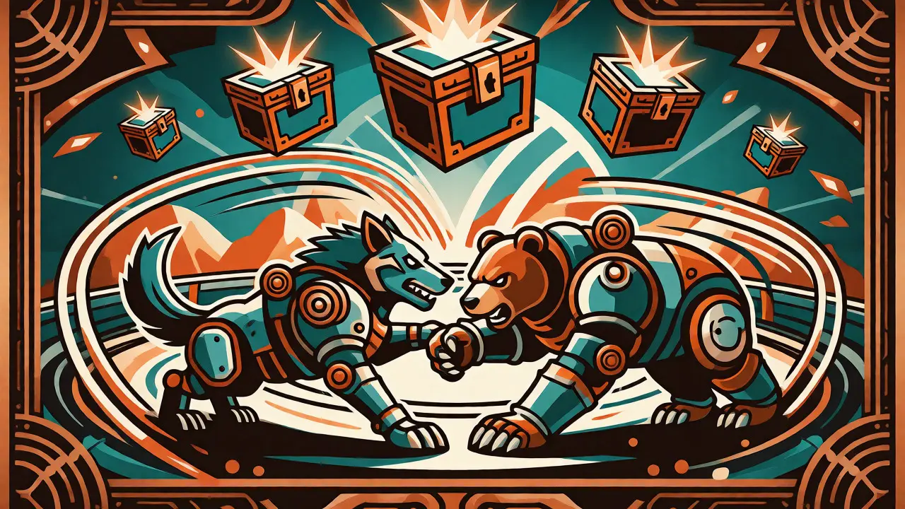 Stylized mechanical beasts battling in an ornate Art Deco arena