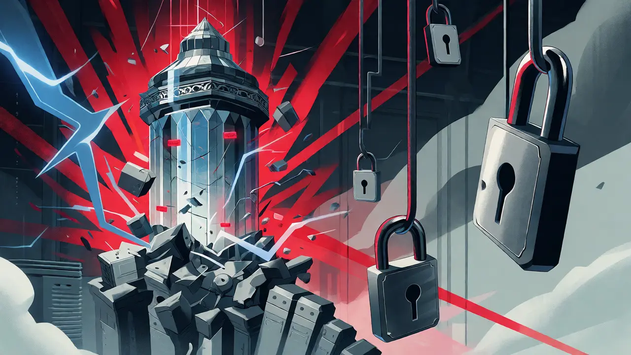 Stylized shattering glass tower surrounded by lightning and padlocks symbolizing exchange failures.