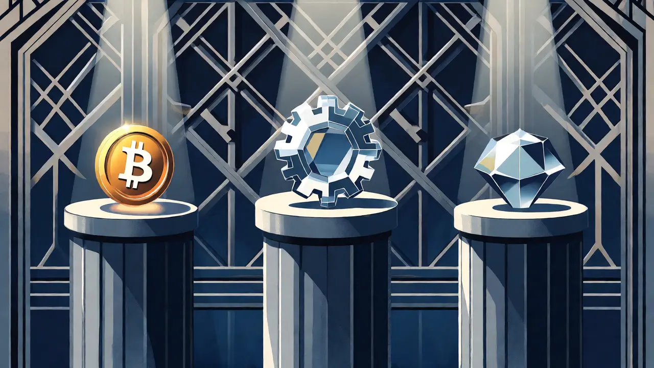 Three pedestals displaying different types of digital tokens in an Art Deco geometric style.