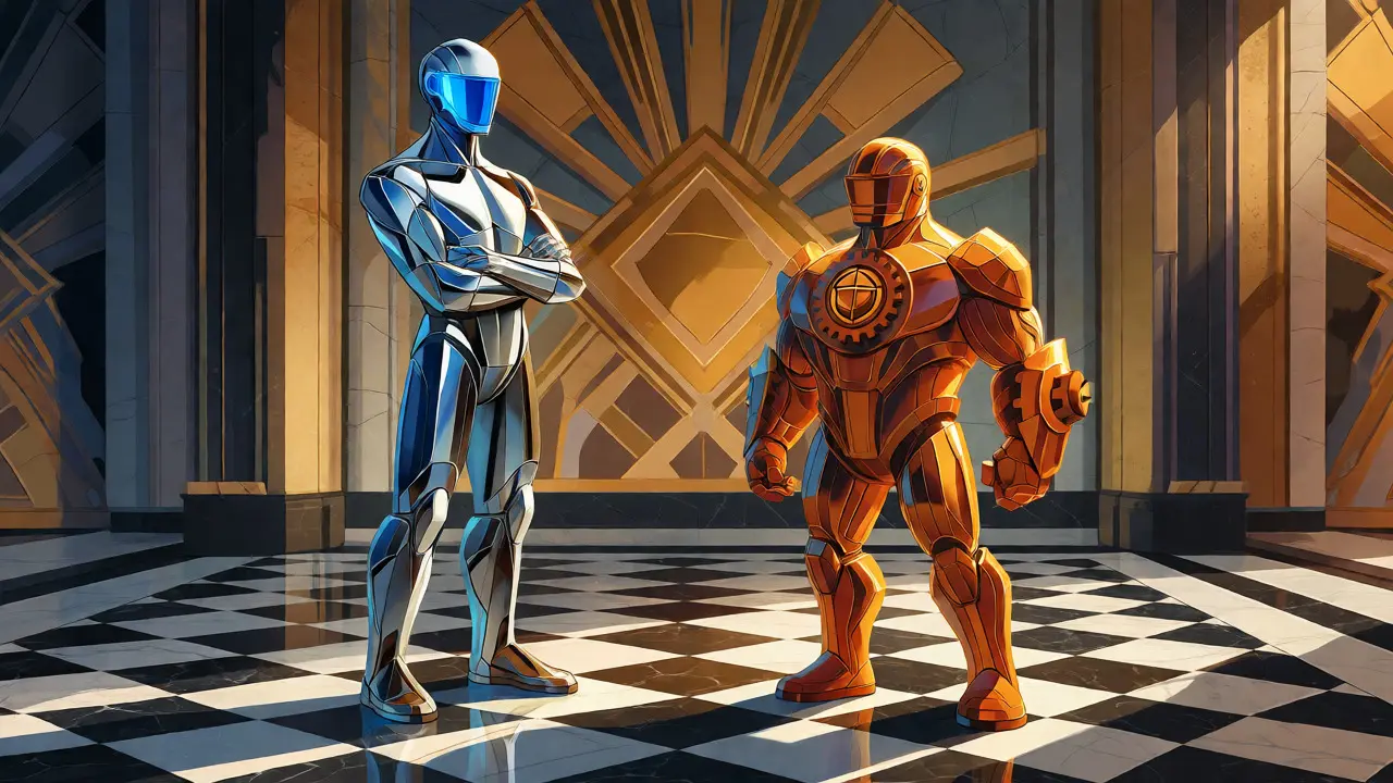 Two stylized figures representing different crypto tokens in Art Deco design