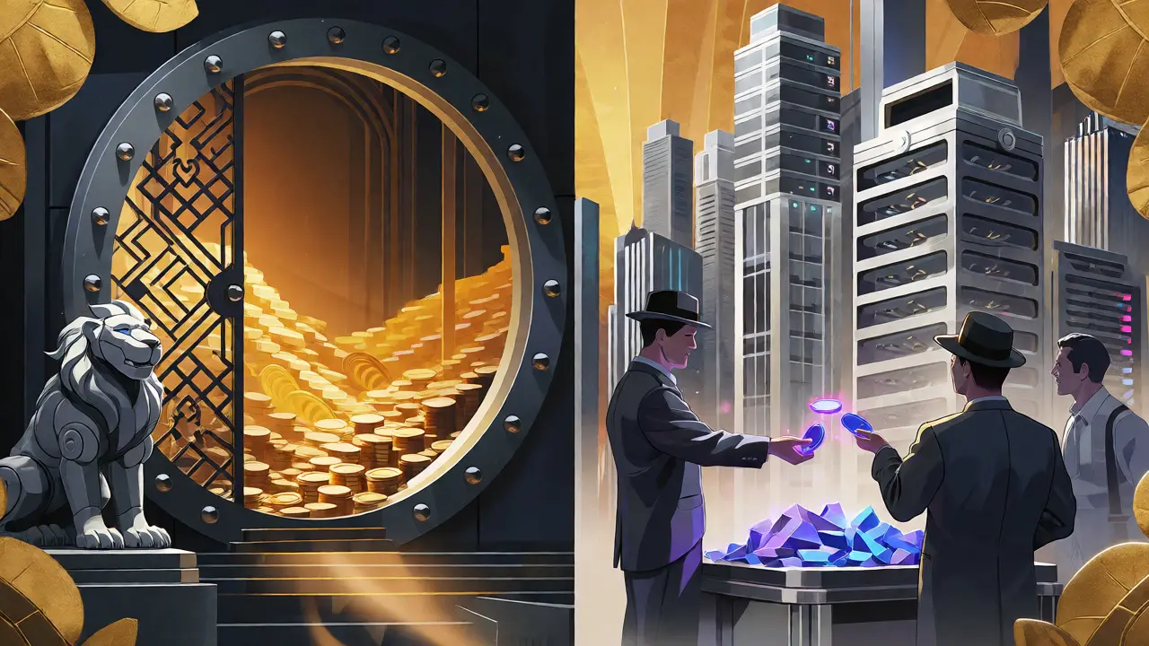 Vault of gold coins exchanging for blue shards in Art Deco illustration