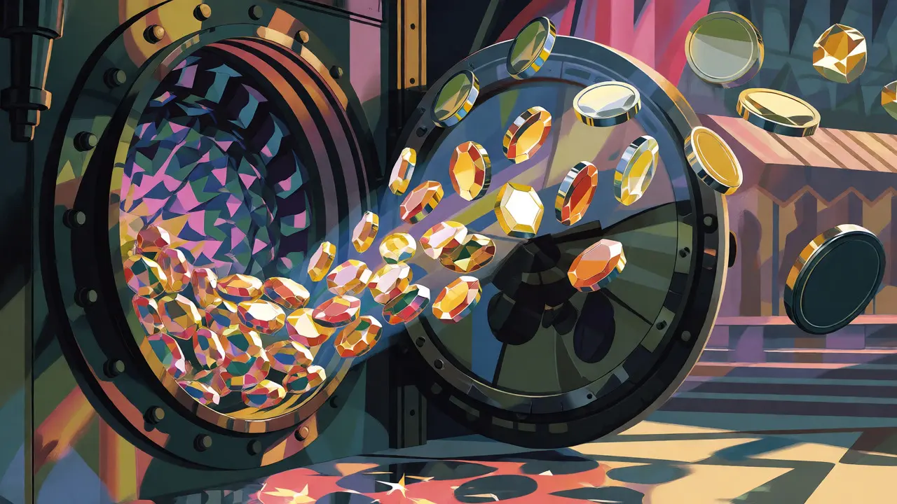 Vintage style graphic showing gems transforming into floating liquid asset coins