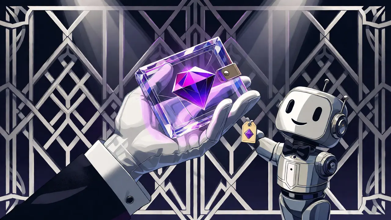 Vintage-style illustration of a hand holding a crystal wallet with a robot assistant.